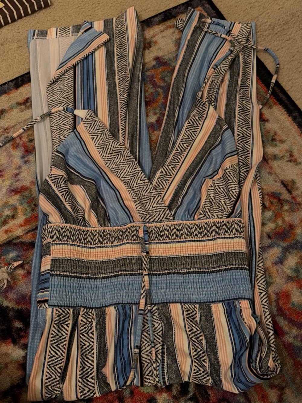 VENUS Blue, Black & Peach Striped Boot Cut Jumpsuit